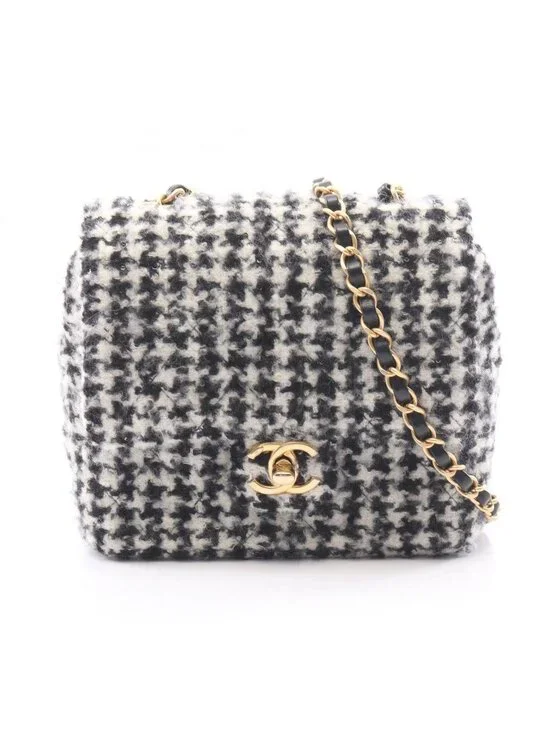 Chanel Shoulder Bag Quilted Houndstooth Black White Fabric Mini Chain