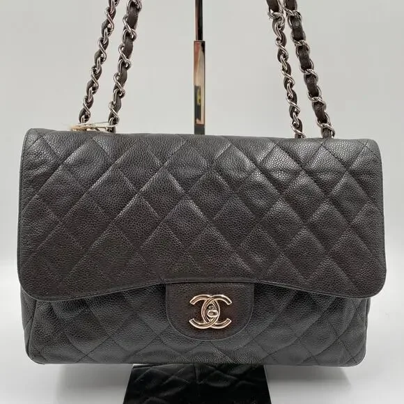 Chanel Jumbo Single Flap Caviar Bag Leather Brown Classic SHW Silver Hardware