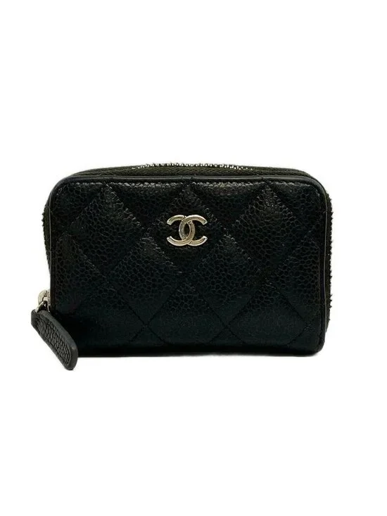 Chanel Coin Case Quilted Black Zip Around CC Logo Silver