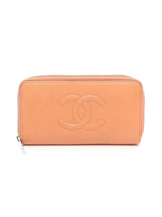 Chanel Round Wallet CC Logo Coral Orange Caviar Leather CC