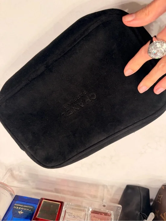 CHANEL Black Suede Cosmetic Pouch with Embossed Logo