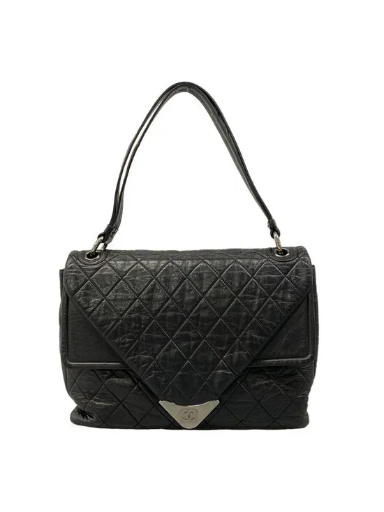 Chanel Shoulder Bag Quilted Black Silver Double Flap Leather