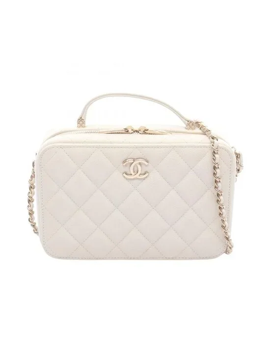 Chanel Shoulder Bag Quilted Vanity Top Handle 2-Way White Caviar Leather Chain
