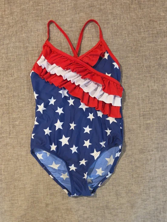 Girls' Star Print Ruffle One-Piece Swimsuit - Red, White & Blue