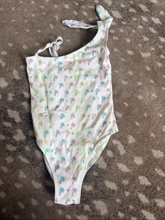 Roller Rabbit Kids One-Piece Swimsuit in White with Pastel Palm Print