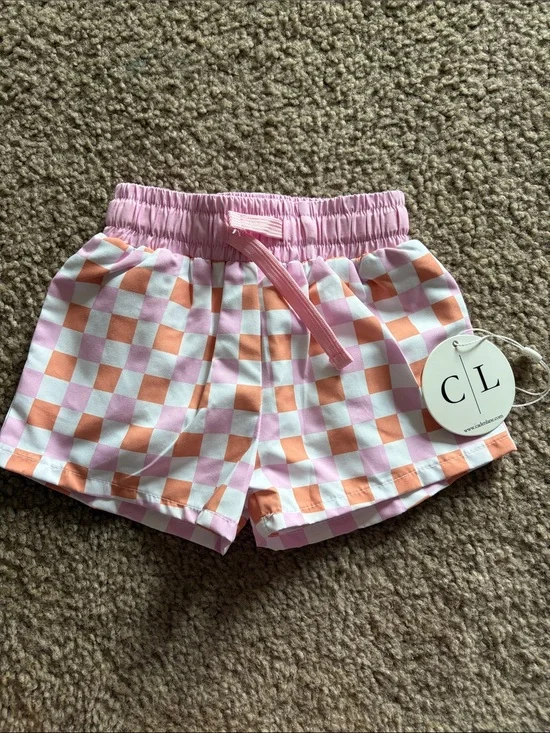 B49 Caden Lane NWT Pink & Peach Checkerboard Swim Shorts, 3-6