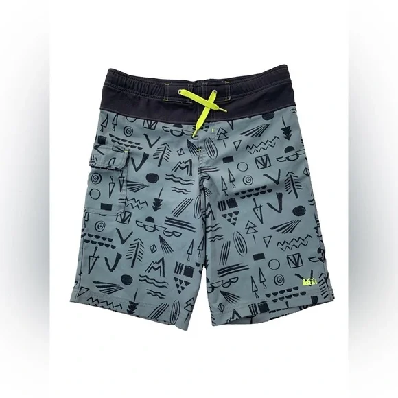 REI Size M, 10/12, Black and Grey Geometric Print Board Shorts Swim Trunks