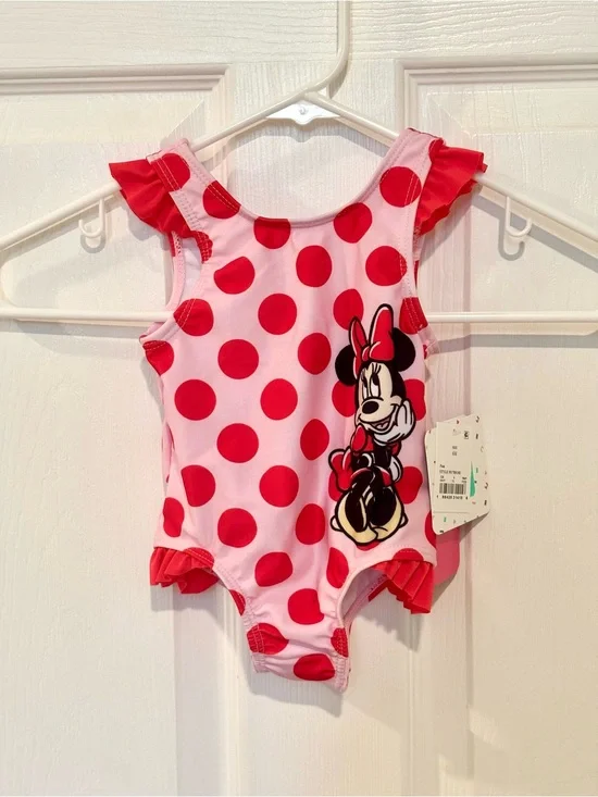 Disney Minnie Mouse One~Piece Swimsuit Pink With Red Polka Dots Size 6M NEW
