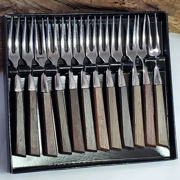 Vintage Japan Stainless & Wood Cocktail Forks Mini NIB hors d'oeuvre Set of 12