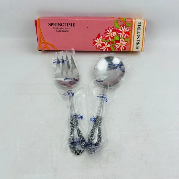 Vtg Springtime 2‎ Piece Serving Set Cold Meat Fork Berry Spoon Stainless Steel