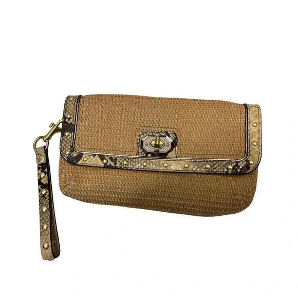 Coach Wristlet Clutch Womens‎ Small Tan Good Straw Snakeskin Studded 45275