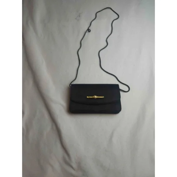 La Regale Clutch Bag Women Black Satin Formal Evening Shoulder Gold Pearl Clasp