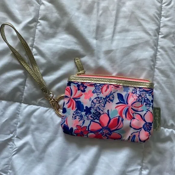 Lilly Pulitzer - blue and pink with gold hardware small wristlet- like new