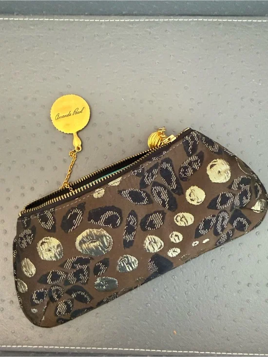 Amanda Pearl Gold & Black Leopard Print Zip Clutch with Matching Mirror