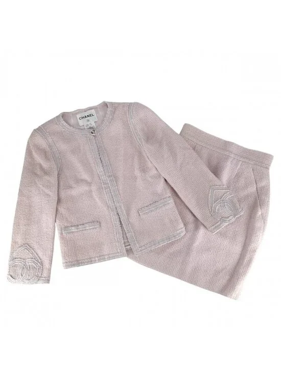 Chanel Set Tweed Collarless Jacket Skirt CC Logo 38 Pink Wool Spring Autumn
