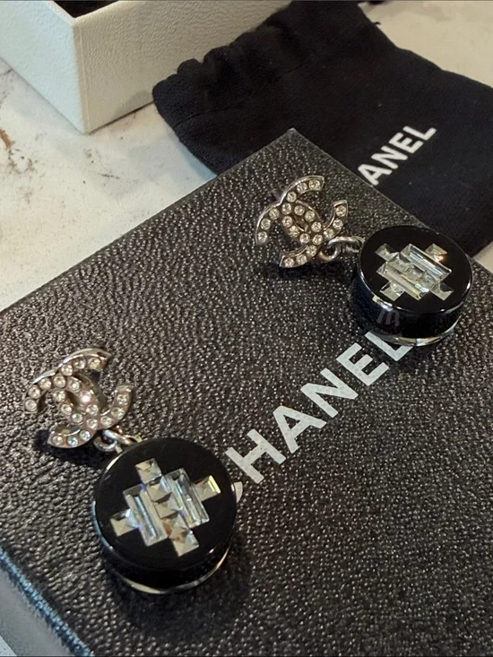 CHANEL Black and Silver Crystal CC Drop Earrings