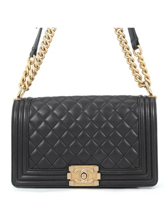 Chanel Chain Shoulder Bag CC Logo Boy Lambskin Black