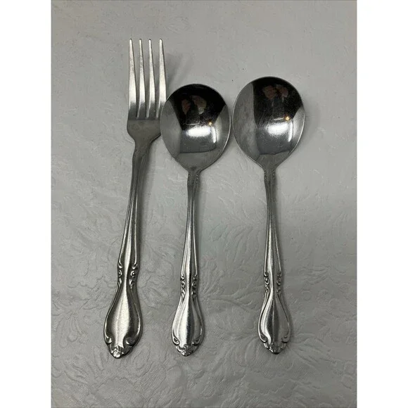 WALCO ILLUSTRA Dinner Fork & 2 Round Bowl Soup Gumbo Spoons Stainless
