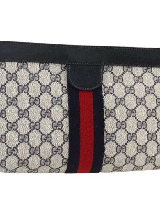 GUCCI GG Supreme Sherry Line Clutch Bag PVC Navy Red 89 01 002 Auth ka3487