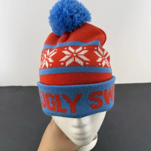 Ugly Sweater Run Beanie Red White Blue Pom Hat One Size