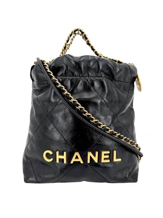 Chanel 2-Way 22 Chain Mini Shoulder Bag Crossbody Leather Black Gold