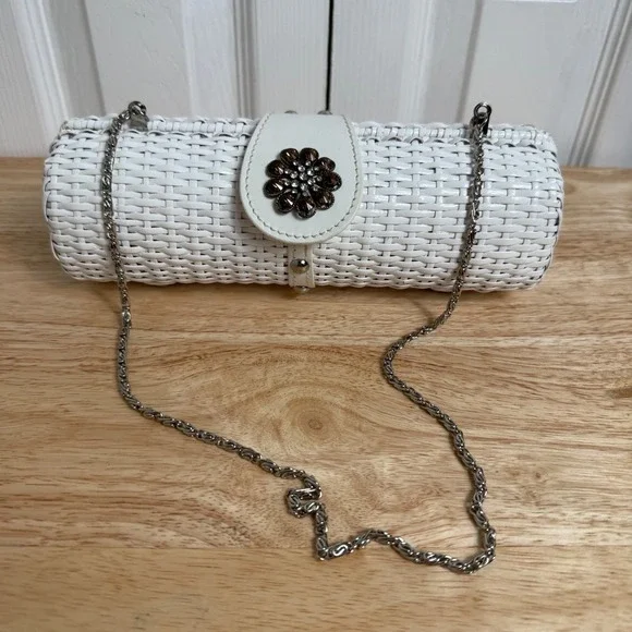 Maxx New York Woven Cylinder Clutch Small White Floral Rhinestone Cottagecore