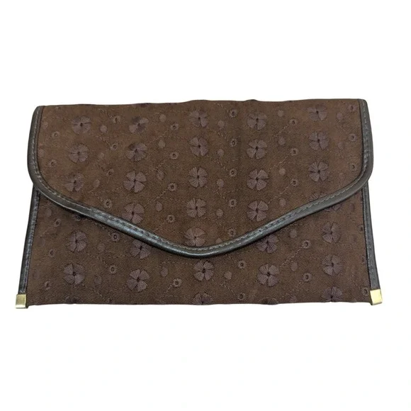 Vintage Envelope Clutch Medium Brown Floral Eyelet Gold Chain Strap Earthy Tones