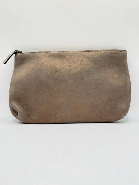 Brunello Cucinelli Metallic Suede Leather Zip Pouch Clutch Taupe Beige Italy Lux