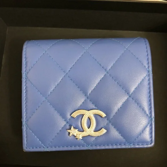 Chanel lambskin leather blue bifold wallet
