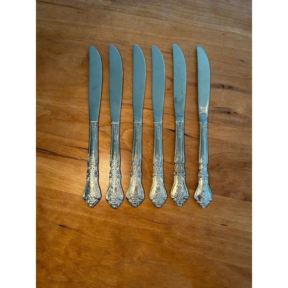 Set of 6 Vintage JCP Stainless China Dinner‎ Knives Floral Scroll Pattern