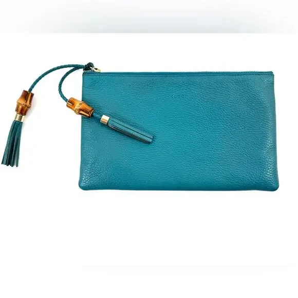 Women’s Gucci teal second bag pouch with bamboo tassels zip top closure amazing