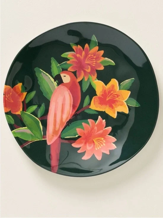 Farm Rio x Anthropologie Melamine Dessert Plate Tropical Green Floral and Parrot