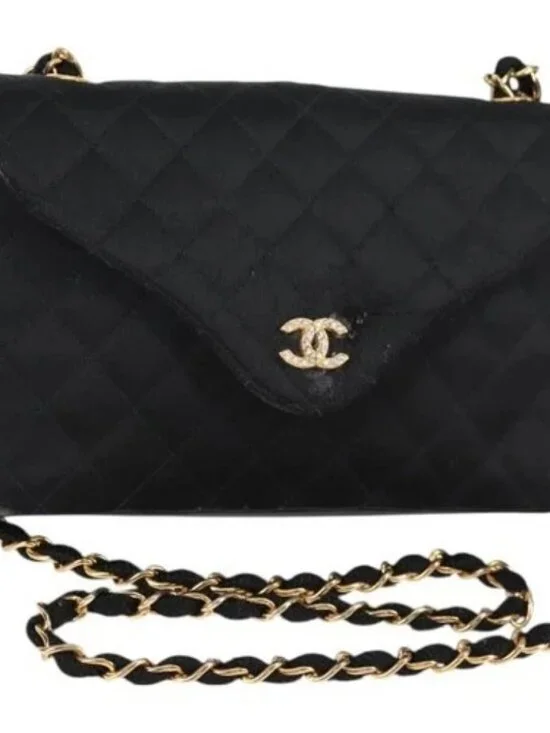 CHANEL Matelasse Chain Shoulder Bag Satin Black Gold CC Auth bs8554
