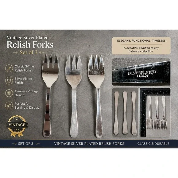 Vintage Silver Plated Relish Forks Set of 3 Made in Italy 3-Tine Appetizer Forks