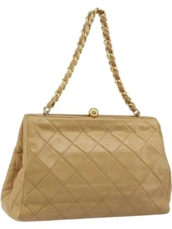 CHANEL Matelasse Chain Shoulder Bag Lamb Skin Beige Gold CC Auth 171543