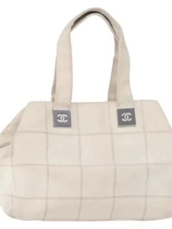 CHANEL Choco Bar Hand Bag Leather White Silver CC Auth 178206