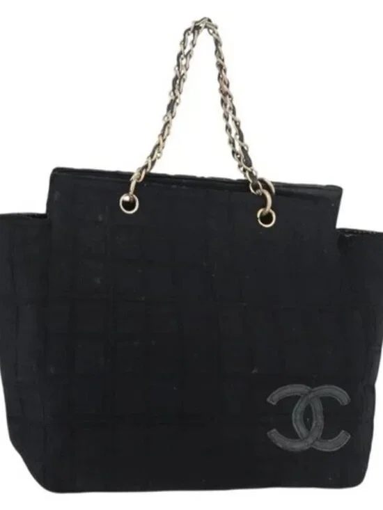 CHANEL Chain Hand Bag Cotton Black Gold CC Auth bs23972