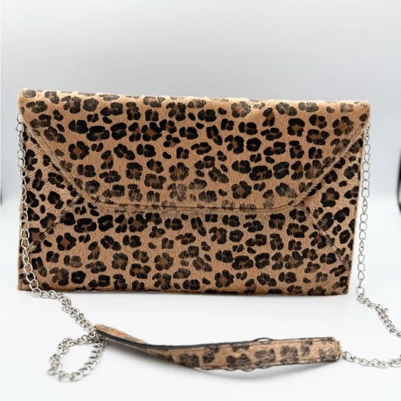 Leopard Print Envelope Clutch with Chain Strap - Brown