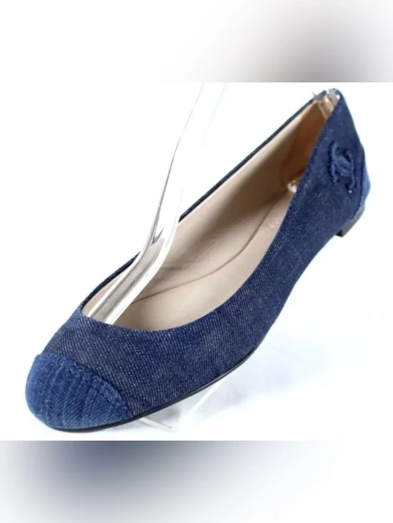 CHANEL Navy Denim Round-Toe Flat Pump