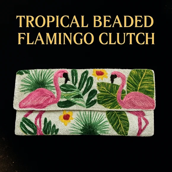 Floral Beaded Clutch with Pink Flamingos