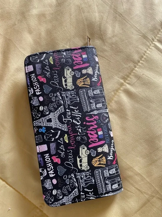 Paris Print Zip Wallet — Black with Pink & Multicolor Accents