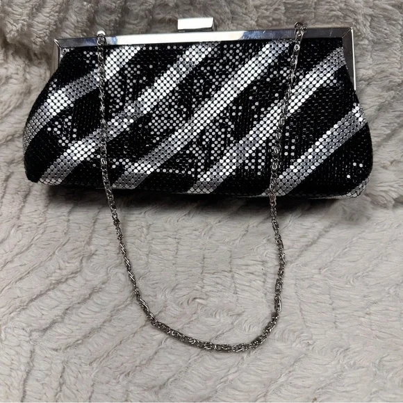 Kate Landry Vintage style Black & Silver Striped  chainmail purse, Chain Strap
