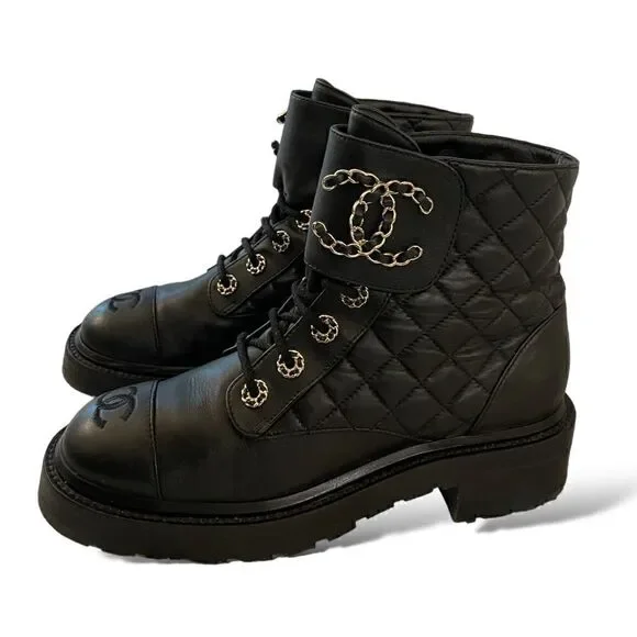 CHANEL Fall 2021 Black Lambskin Lace-Up Boots |Size: 38|