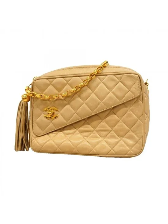 Chanel Shoulder Bag Quilted Lambskin Beige Gold