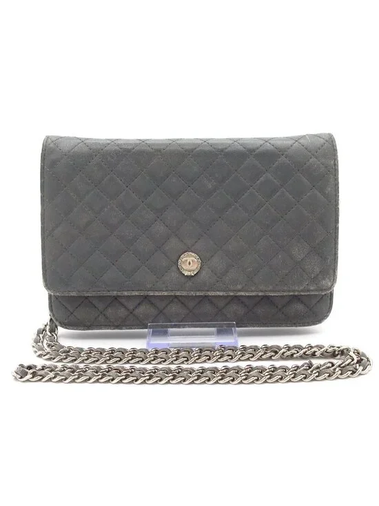 Chanel Wallet Quilted Gray Chain Leather Shoulder