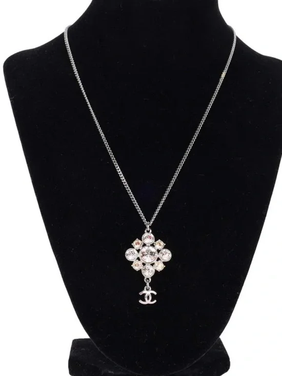 CHANEL Crystal Cluster Pendant Necklace with Logo Charm - Silver Tone