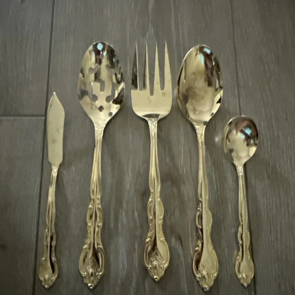 Set 5 International San Marcos Gold Plate Serving Pieces Slotted Spoon Butter‎
