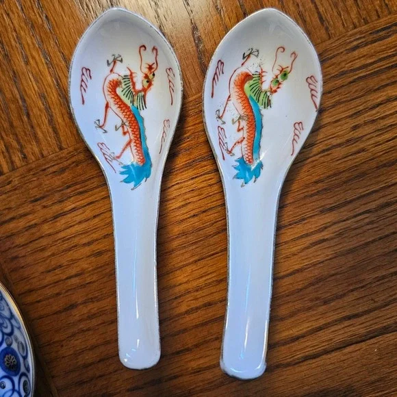 Vintage Made in Japan Porcelain Dragon Soup Spoons Set of 2 Red Teal Gold Trim