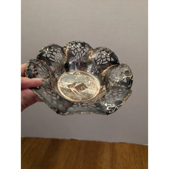 VTG EP Brass GERMANY Pierced Trinket Dish Bowl Silver Plated, 5.5