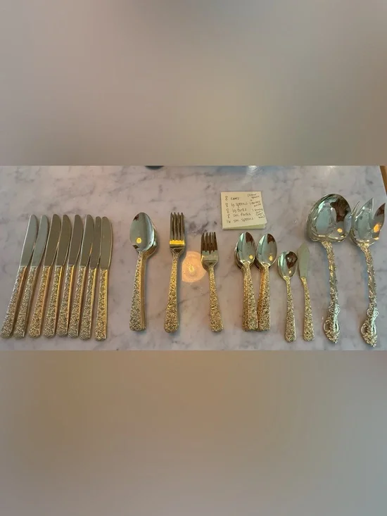 Cellini Romanesque 52 piece GOLD flatware set ROSE pattern For 8 + extra Srv Pcs